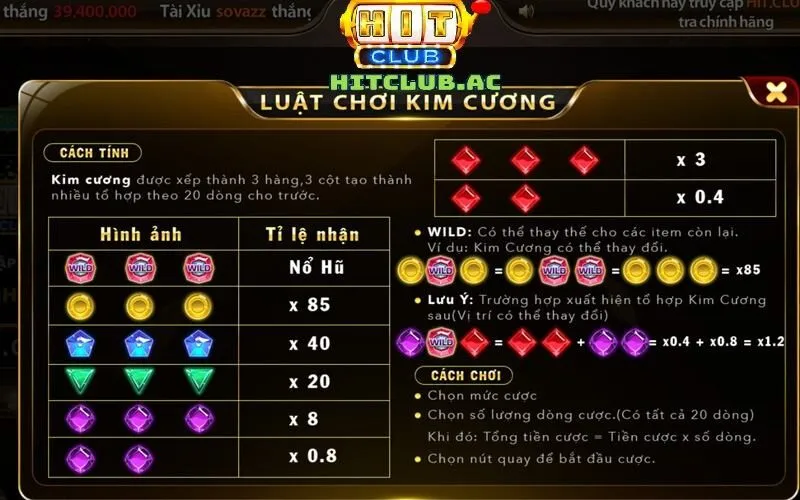 Quy tắc chơi game Kim Cương Hit Club trực tuyến